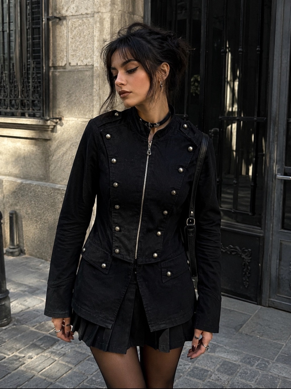 Y2K Tripp NYC rare black military jacket with silver skull buttons . Size M